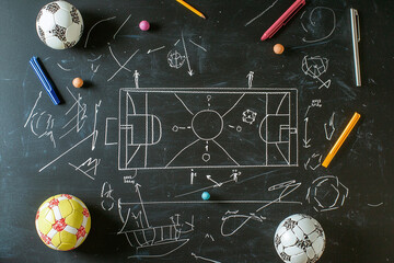 a football tactic plan on a black chalkboard, featuring a chalk-drawn formation with player positions