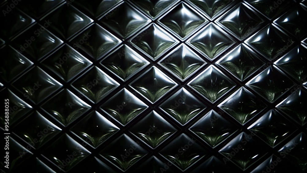 Poster Faceted glass texture with shiny triangular pattern on dark background, macro photography
