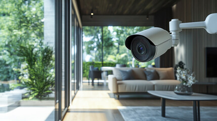 Outdoor security camera monitoring a modern home with a view of a stylish interior, ideal for security and surveillance concepts.