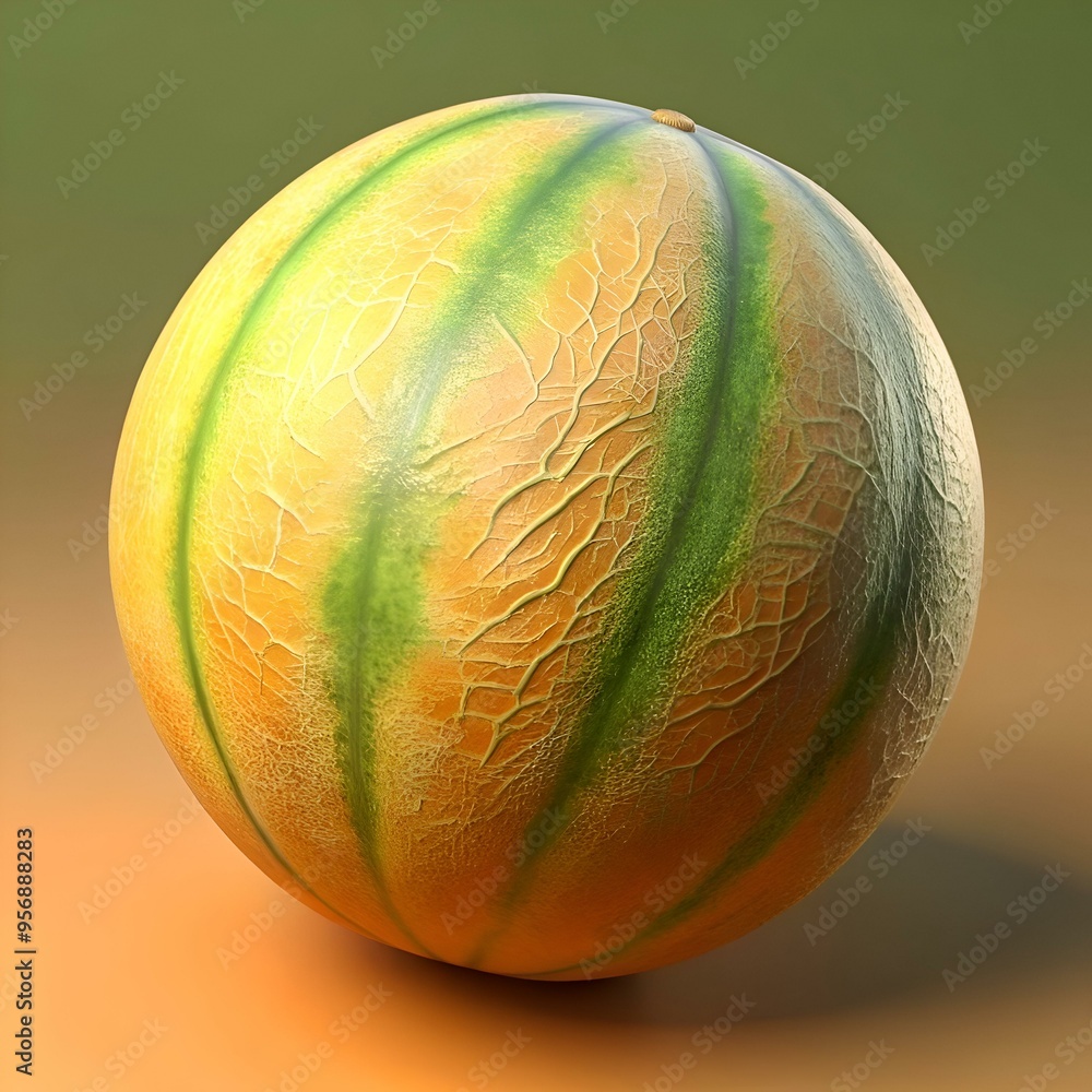 Poster a realistic 3d rendering of a whole cantaloupe melon.