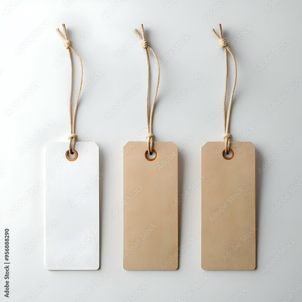 Poster three blank tags with twine. one white and two brown. perfect for mockups and branding projects.