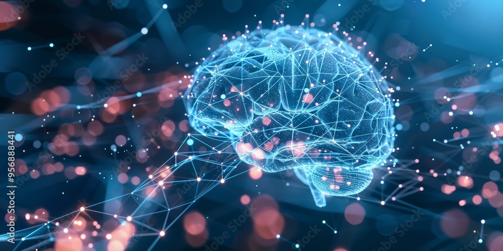 Poster a brain with a double exposure of network connections, emphasizing the concept of artificial intelli