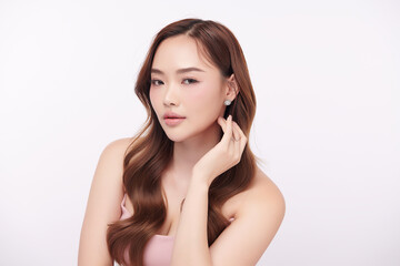 Fototapeta premium Beautiful young asian woman with clean fresh skin on white background, Face care, Facial treatment, Cosmetology, beauty and spa, Asian women portrait.