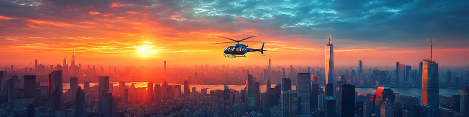 Helicopter Flying Over City Skyline at Sunset, Dynamic View, Vibrant Colors, Urban Cityscape, High Altitude, Stunning Horizon with Fiery Tones, Adventurous Spirit