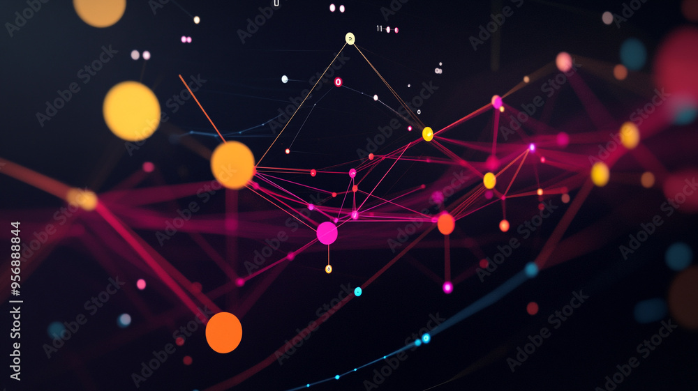 Poster colorful geometric illustration depicting abstract data visualization with vibrant lines and nodes