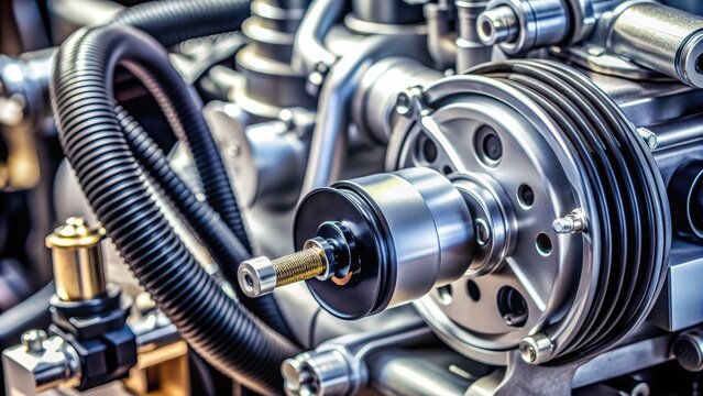 Close-up of a car's power steering pump, showing intricate mechanical components, tubes, and hoses, with a blurred engine background, highlighting automotive engineering details.