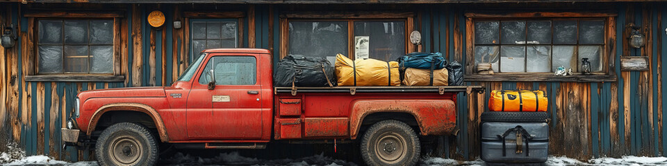 Vintage red pickup truck, rustic setting, weathered wood, packed luggage, adventure ready, rough textures, subdued colors, travel mood, awaiting departure