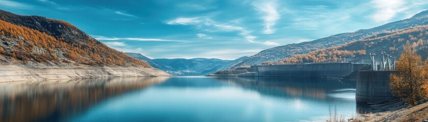 Scenic view of a tranquil lake surrounded by mountains and autumn foliage under a clear blue sky, perfect for nature enthusiasts.