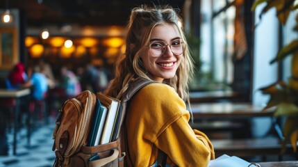 Young female student in library, looking for books, preparing for final exam. Neural network ai generated art