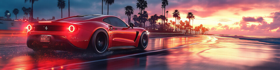 Red Sports Car Driving Beside Palm Trees at Sunset, Sleek Design, Vibrant Colors, Coastal Road, Dynamic Motion, Energetic Vibe, Reflective Wet Surface