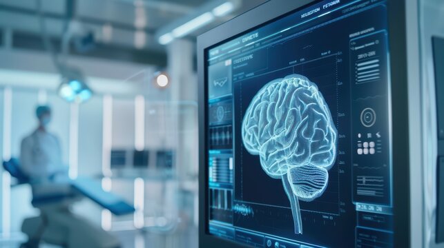A detailed view of a brain scan on a monitor in a modern medical facility, showcasing advancements in healthcare technology.