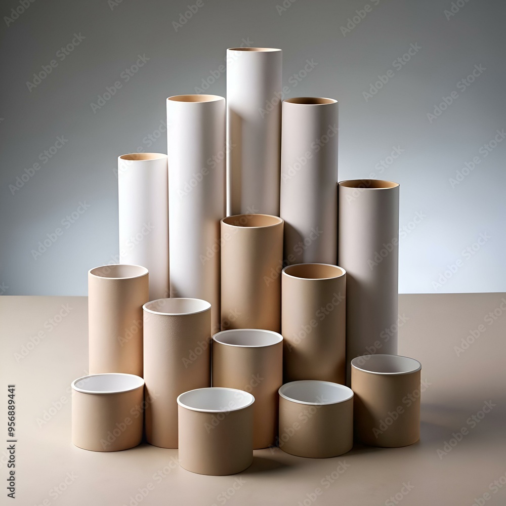 Poster a minimalist arrangement of white and beige cylinders. creating a modern and elegant design for vari