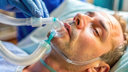 Close-up of suction catheter being inserted into tracheostomy tube, with saline bulb and tubing visible, highlighting medical equipment for respiratory care and treatment.
