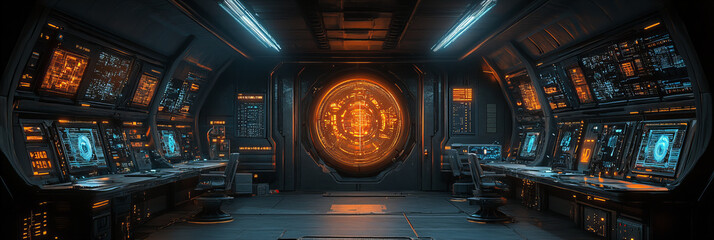 High-Tech Control Room with Advanced Computer Systems and Illuminated Display Screen in a Futuristic Style Setting