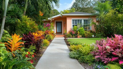 Facade of a house with a lush, colorful front yard garden, highlighted by a clean concrete walkway leading to the entrance. Ideal for landscaping and real estate projects.