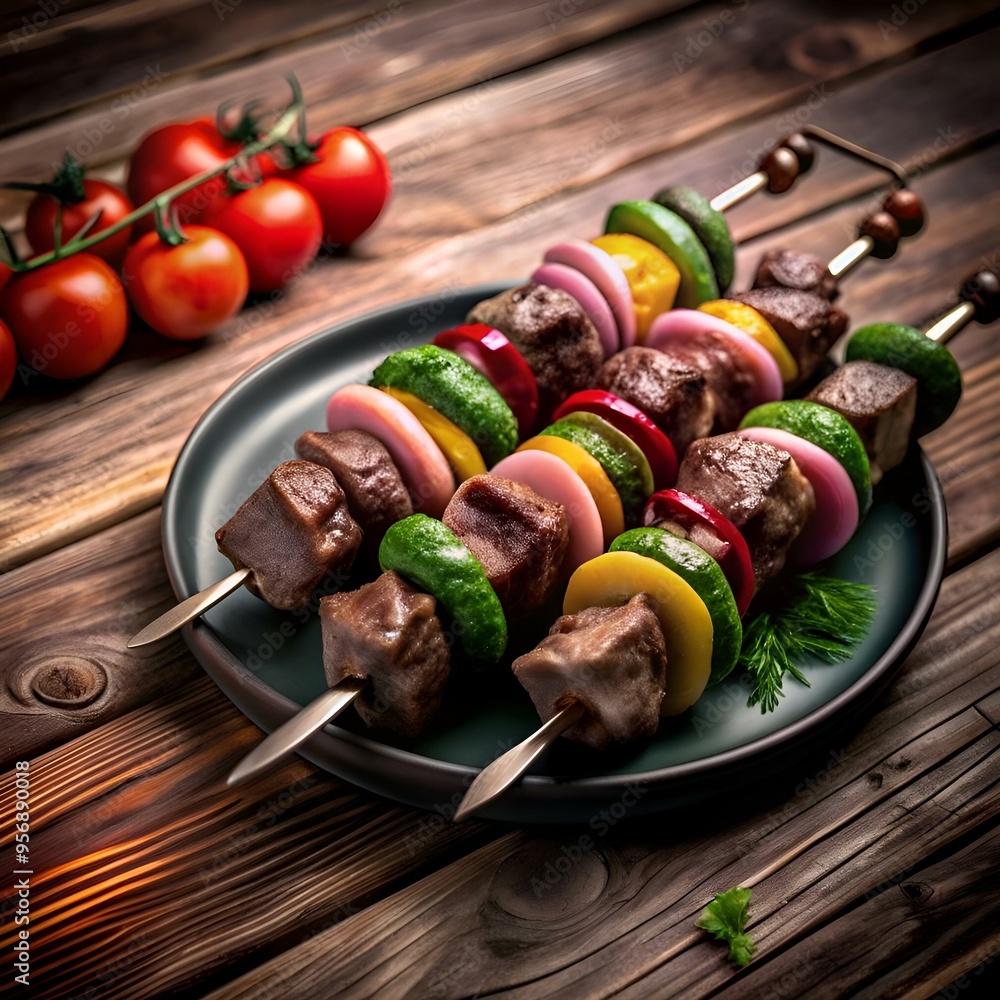 Poster a close up shot of two skewers with meat and vegetables. creating a delicious and colorful feast.