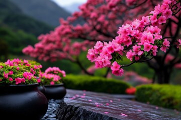 Spring garden scenery, colorful flowers, blooming trees celebrate the arrival of new life and beauty