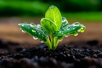 Sprout emergence, dewy morning, fertile soil captures the beauty of new beginnings