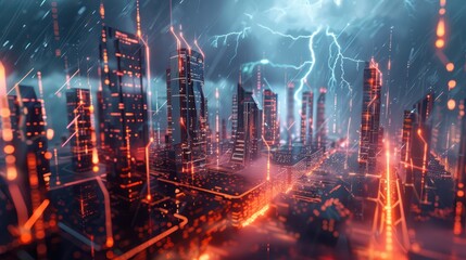 Fototapeta premium A futuristic cityscape illuminated by neon lights, showcasing a stormy atmosphere with rain and lightning overhead.