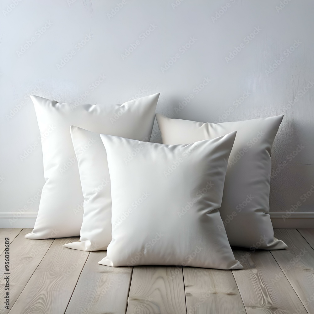 Poster three white pillows arranged in a simple and stylish composition. perfect for adding a touch of mini