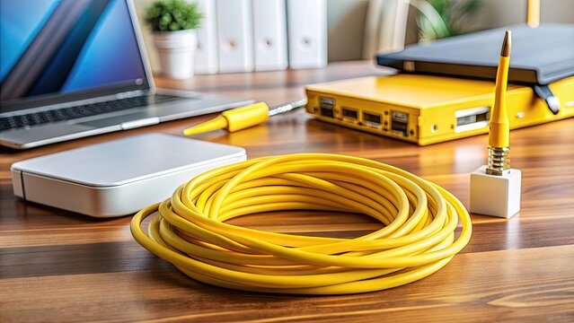 Coiled yellow Ethernet cable with connectors plugged into a modern router on a cluttered desk surrounded by papers, laptops, and other computer peripherals.
