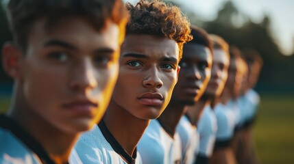 Soccer team forming a wall to block a free kick, intense focus on their faces, ready to react to the ballas flight.