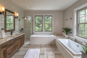 Minimalist Bathroom A clean, simple bathroom with white tiles, a floating vanity, and a walk-in shower. Include modern fixtures and natural light