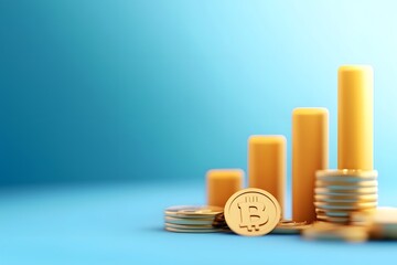 3D icon of a blue bar chart and coins, against a blue background, in a minimalistic style. 2D illustration, flat design, simple shapes, low details, smooth gradient, no shadows, vector art, blue color