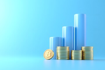 3D icon of a blue bar chart and coins, against a blue background, in a minimalistic style. 2D illustration, flat design, simple shapes, low details, smooth gradient, no shadows, vector art, blue color