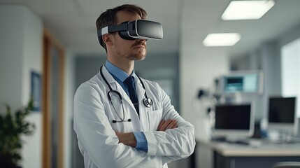 A doctor wearing virtual reality goggles in a modern medical office, exploring innovative technology in healthcare.
