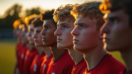 Soccer team forming a wall to block a free kick, intense focus on their faces, ready to react to the ballas flight.