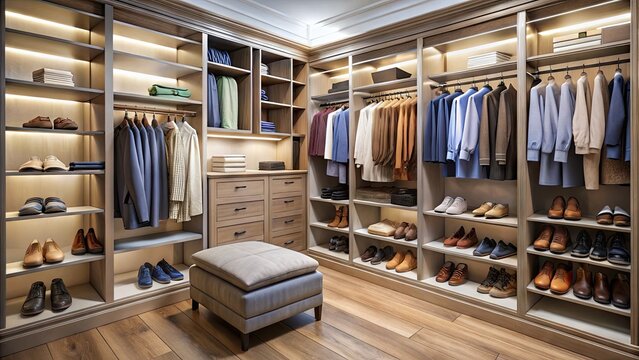 Organized walk-in closet with rows of neatly arranged clothing, shelves stacked with folded garments, and a floor-to-ceiling shoe rack for stylish storage.