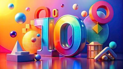 Obraz premium Colorful 3D graphic illustrating top 10 concepts with bold numbers, icons, and abstract shapes on a bright background with subtle gradients and textures.