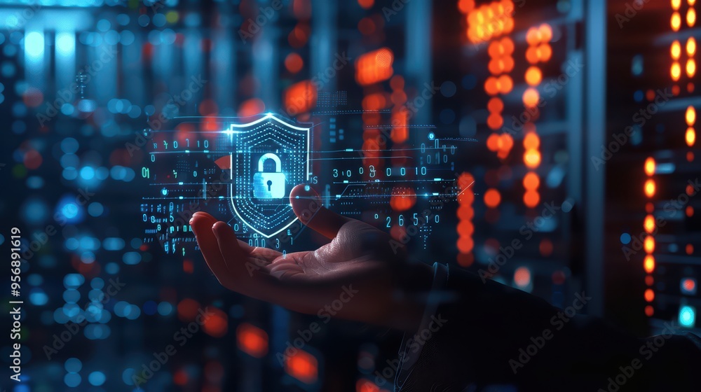 Poster a hand holding a digital shield symbolizing cybersecurity and data protection in a modern server roo