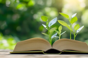 An open book with sprouting plants coming out of it, green background