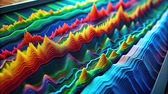 Colorful 3D visualization of seismic data waves on a computer screen, showing subsurface geological structures and fault lines in high-resolution detail.