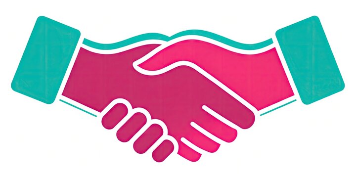 Colorful and playful handshake graphic with a whimsical logo design in a mix of bright pink and turquoise hues creating a lighthearted and youthful tone
