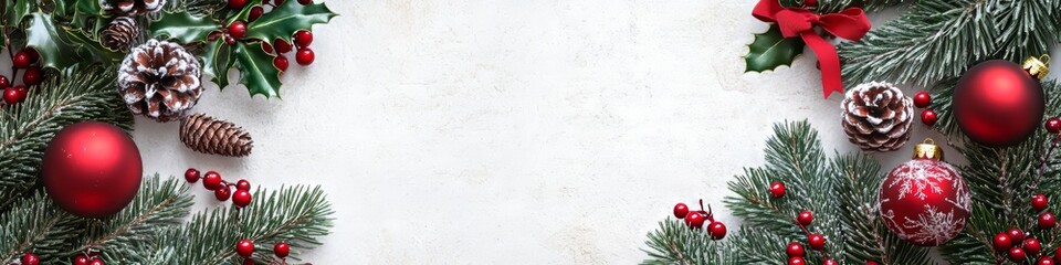 Obraz premium Christmas greeting card. Frame of Christmas decorations, gift and fir-tree. White background as copy space. Elegant classic style.