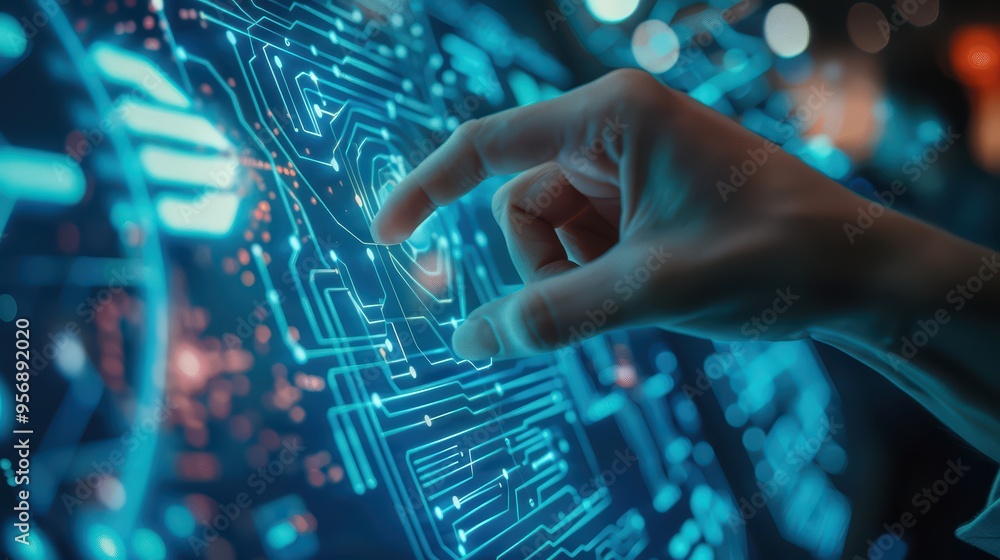 Poster a hand interacts with a futuristic digital interface, showcasing advanced technology and intricate c