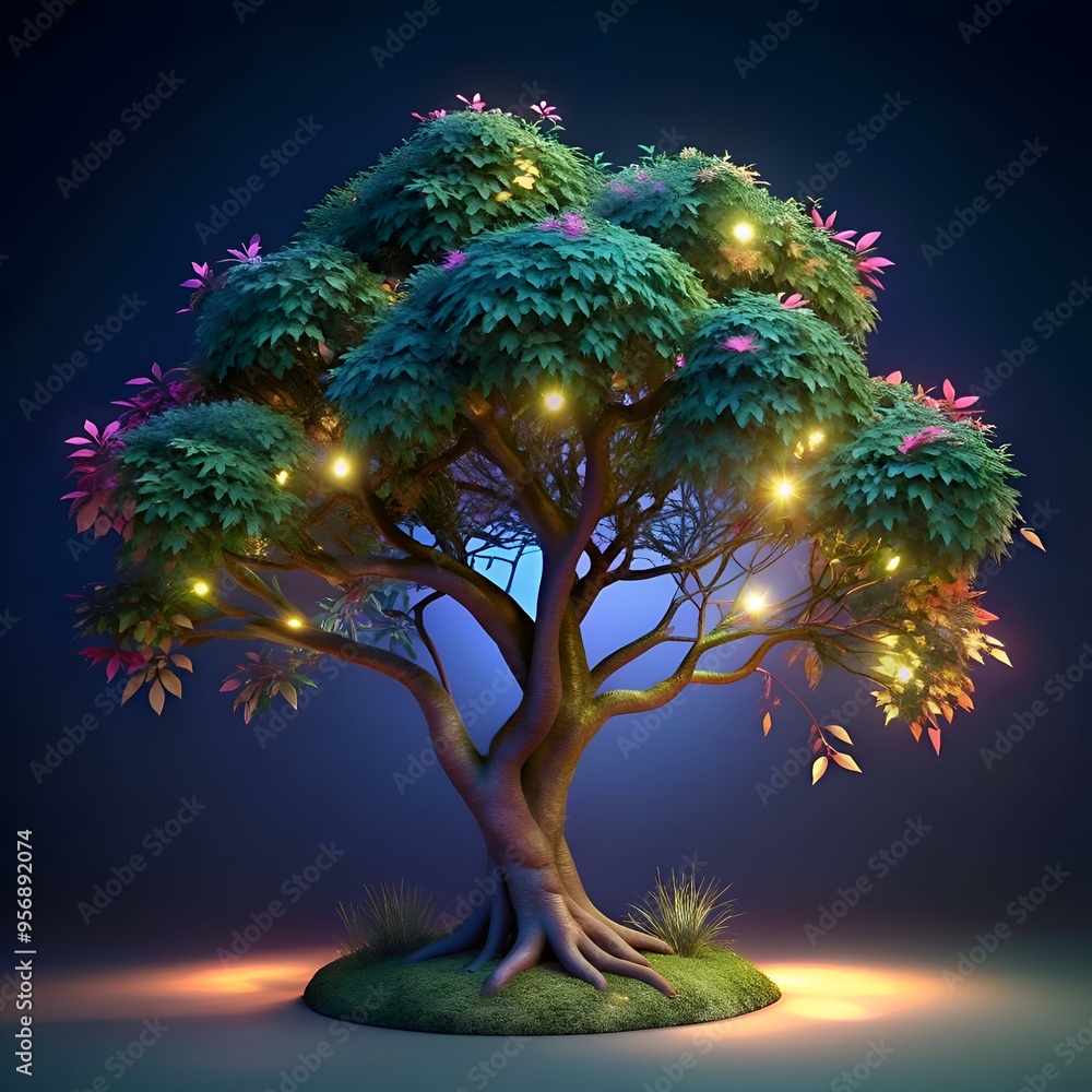 Poster a captivating 3d illustration of a glowing catalpa tree. its branches adorned with soft. ethereal li