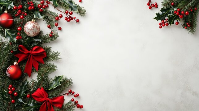 Christmas greeting card. Frame of Christmas decorations, gift and fir-tree. White background as copy space. Elegant classic style.