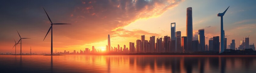 Fototapeta premium Stunning sunset skyline with wind turbines, reflecting vibrant colors on calm water in an urban landscape.
