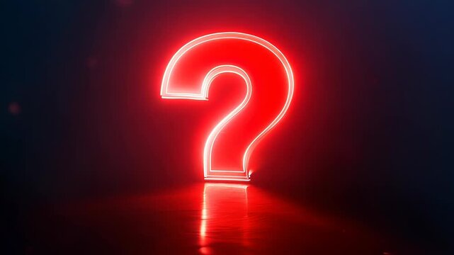 Glowing red neon question mark on a dark reflective surface, symbolizing mystery or inquiry.