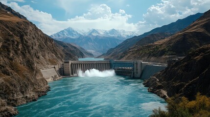 Stunning view of a dam surrounded by majestic mountains and flowing river under a bright blue sky.