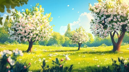 Spring Meadow with Blooming Trees.