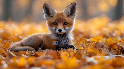 Cute Red Fox Kit in Autumn Leaves - Wildlife Photography
