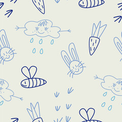 Scandinavian pattern, seamless print. Cute doodle nature, rainbow, plants, trees and clouds in baby kids Scandi style.