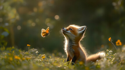 Obraz premium Cute Red Fox Kit Looking Up at a Butterfly Illustration