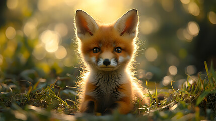 Obraz premium Cute Little Fox Sitting in the Grass Illustration