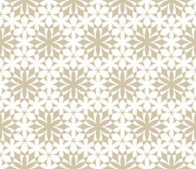 Vector gold and white geometric seamless pattern. Abstract golden background with small flower silhouettes, mosaic texture. Elegant textured ornament. Repeated geo design for print, textile, carpet